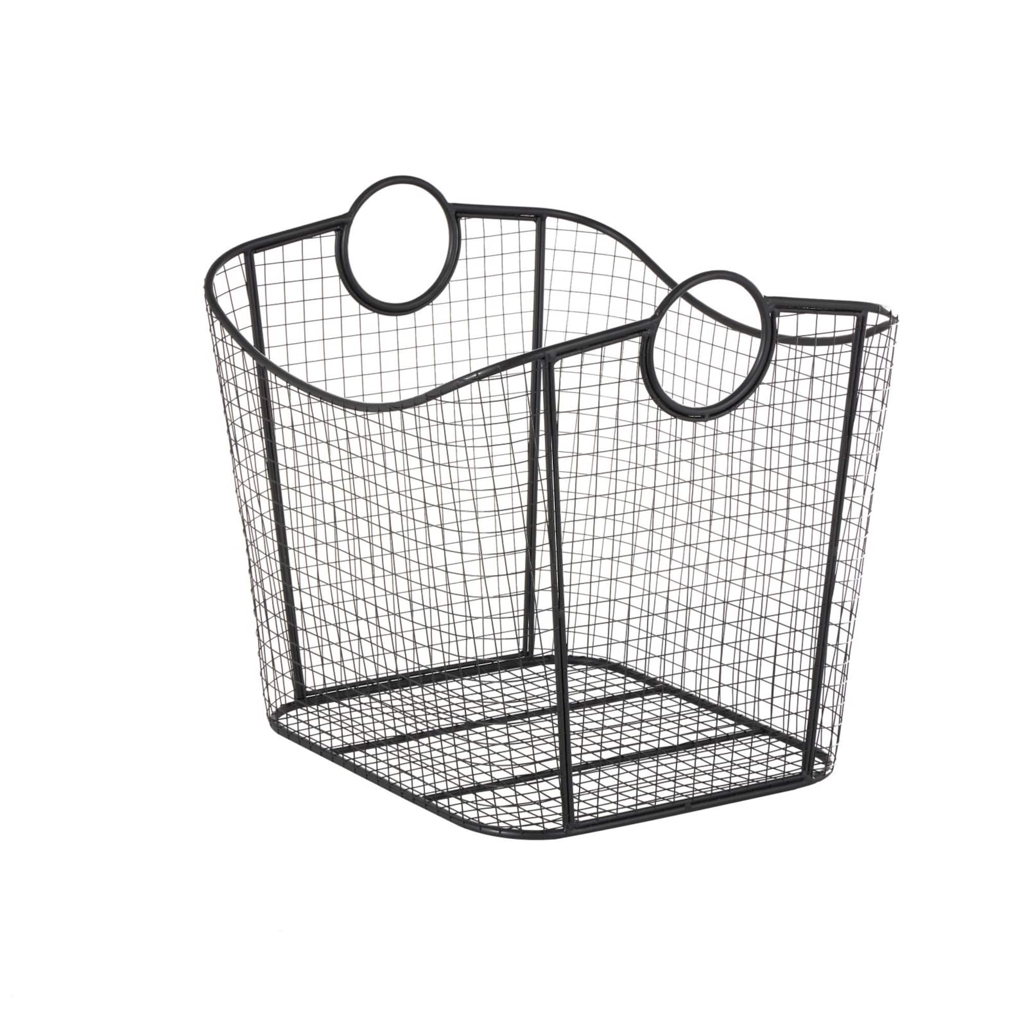 20" Black Metal Storage Basket with Curved Sides & Ring Handles